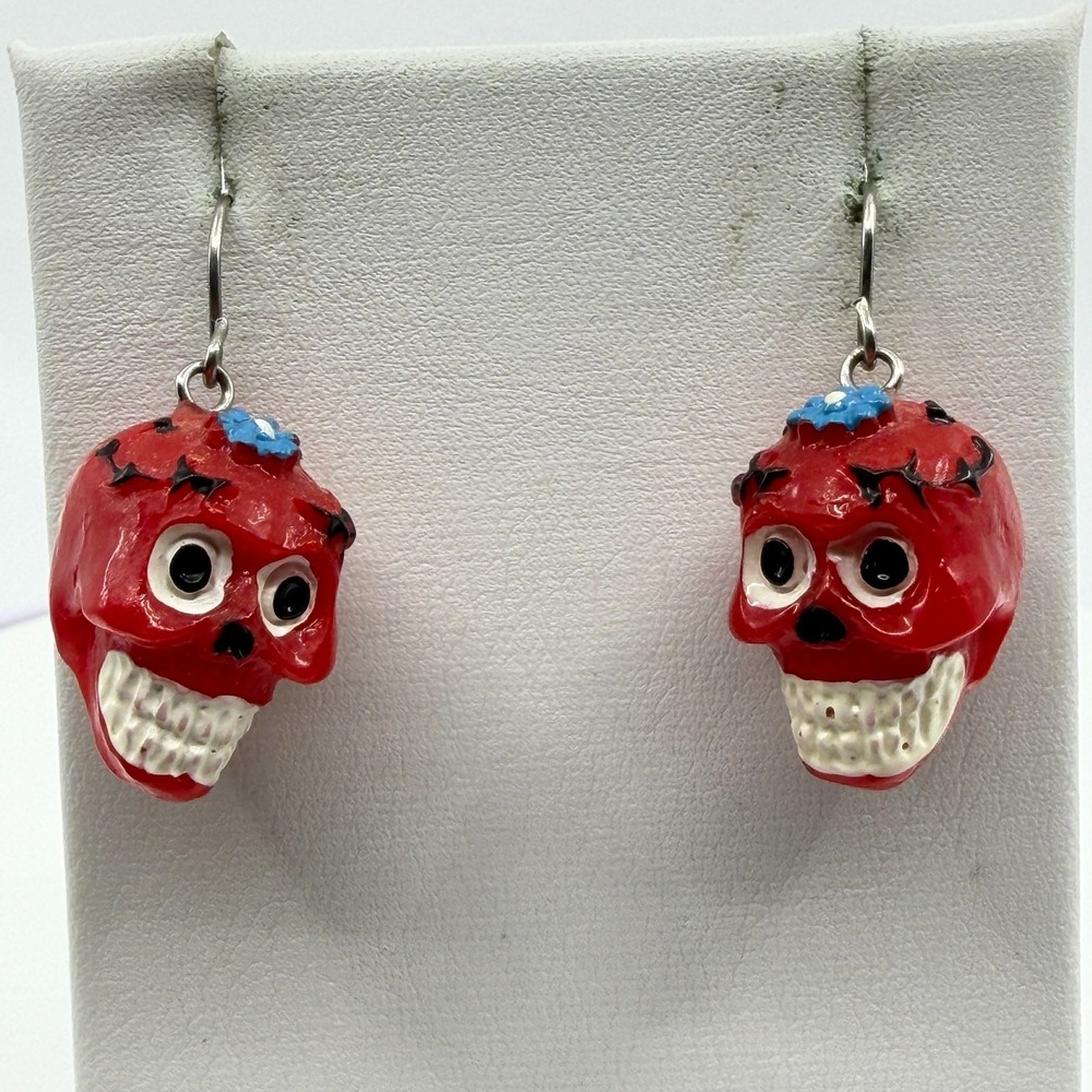 Red Sugar Skull Earrings Blue Flower Day of the Dead Gothic Dangle Fishhook